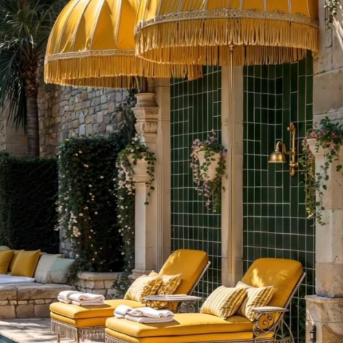 Golden umbrella seating area and Punjabi Catering For Wedding In Delhi