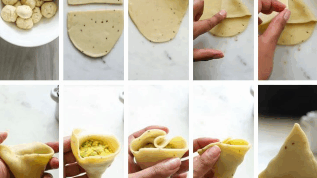 Folding Samosa into traditional triangular shape at zaikastreet