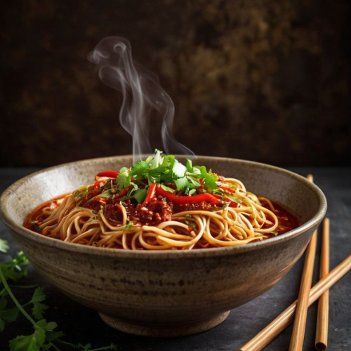 delicious Hakka Noodles served hot with garnish at zaikastreet